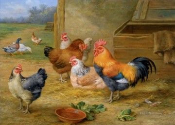 Fowl Painting - hen cock duck at barn